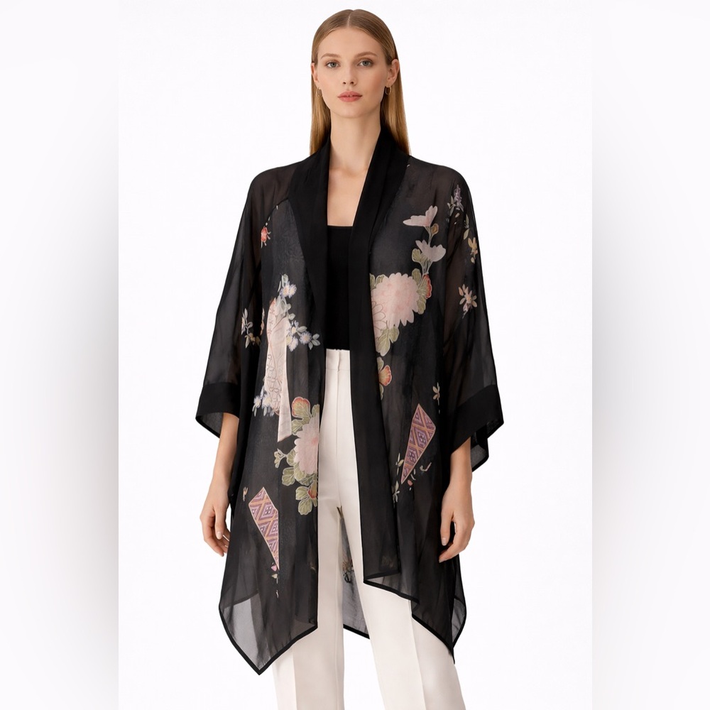 silk Floral Black Kimono Cardigan - Picture 2 of 7